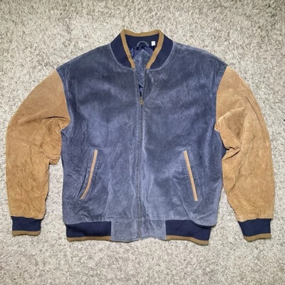 Roundtree & York Soft SuedeVarsity Jacket Mens L Navy/Tan Distressed - Image 1 of 4