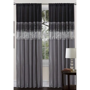 Night Sky Window Curtain Panel, Single, 42" W x 84" L, Silver & Black - Sequi... - Picture 1 of 2