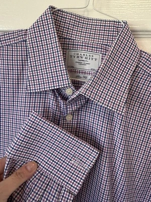 Camisa Charles Tyrwhitt Para Hombres 16.5 Calce Ajustado Azul Rosa Vestido a Cuadros con Botones Foto 1 de 3