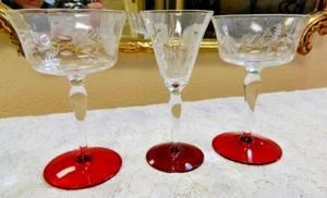 3 Vintage Weston Crystal Etched Ruby Red Base Cordial Glasses - Nice! - Picture 1 of 9