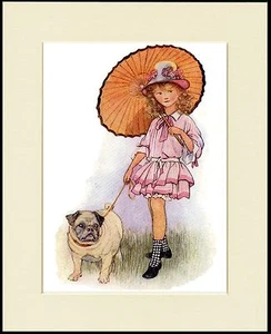 PUG LOVELY LITTLE DOG PRINT DOG AND LITTLE GIRL MOUNTED READY TO FRAME - Picture 1 of 1