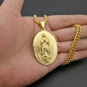 Ciondolo medaglia miracolosa Vergine Maria placcato oro 14 carati per collana regalo Ioka - Foto 1 di 6