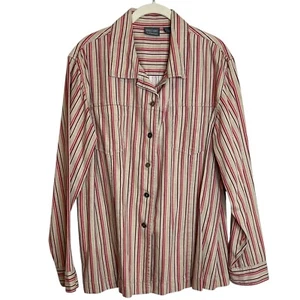Additions by Chicos Womens Linen Blend Shacket Size 3 US XL Beige Red Striped - Picture 1 of 7