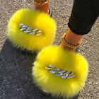 Real Farm Fox Sandals Furry Fur Slippers With Diamond Chain Fluffy Women's Shoes