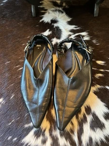Zara Flat Sandal Womens 38 Black Leather Slingback Pointed Toe Buckled Strap - Picture 1 of 6