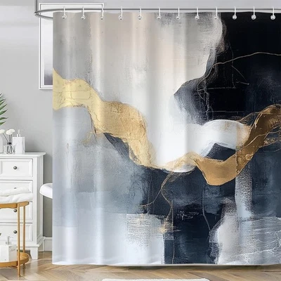 Cortina de Ducha Abstracta Negra Gris Dorada para Baño, Moderna Mármol Boho Mínima Foto 1 de 4