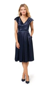 Review Size 14 Biella Dress Navy Blue Satin Fit N Flare 1950's Pockets Wedding - Picture 1 of 9