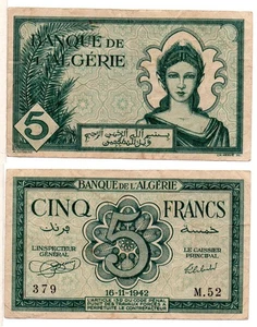 ALGERIA 5 Francs (WWII - 16-11-1942) Pick 91, Very Fine - Picture 1 of 1