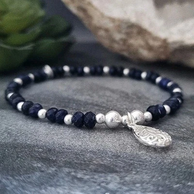 925 Sterling Silver Blue Stack Bracelet Beaded AGATE with Drop charm by INKA - Image 1 of 4