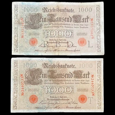 2x 1910 Germany 1000 Mark Pre WWI WWII Banknote World Paper Money Kaiser Reich - Image 1 of 4