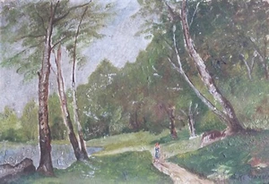 Altes Miniaturgemälde - Wald und Rotkäppchen signiert Robineux - Bild 1 von 6