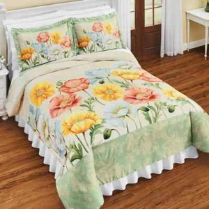 POPPY FLORAL BEDDING KING SIZE COMFORTER & SHAM SET - PATTERN BORDER PASTELS - Picture 1 of 1