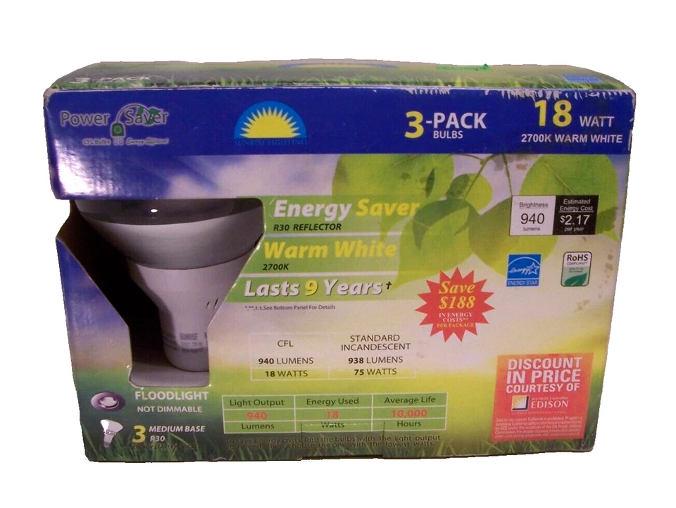 3 Floodlight Bulbs Power Energy Saver 18W Warm White 2700 K Bulb R30  940 Lumens - Image 1 of 4