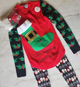 Conjunto de suéter feo de Navidad para mujer talla pequeña con leggings festivos y sombrero de Santa para nieve - Imagen 1 de 9