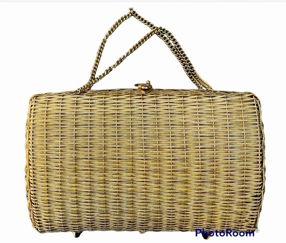 Bolso de Mano Cartera Rimco de California Hecho a Mano en Hong Kong Caja Tejida Dorado Foto 1 de 4