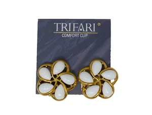 Trifari Goldtone White Cabochon Comfort Clip On Earrings - Picture 1 of 4