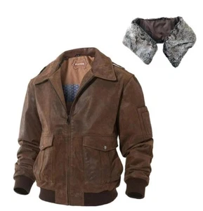 Chaqueta de bombardero de vuelo de cuero para hombre Air Force Aviator con cuello de piel marrón (XXL) - Imagen 1 de 6
