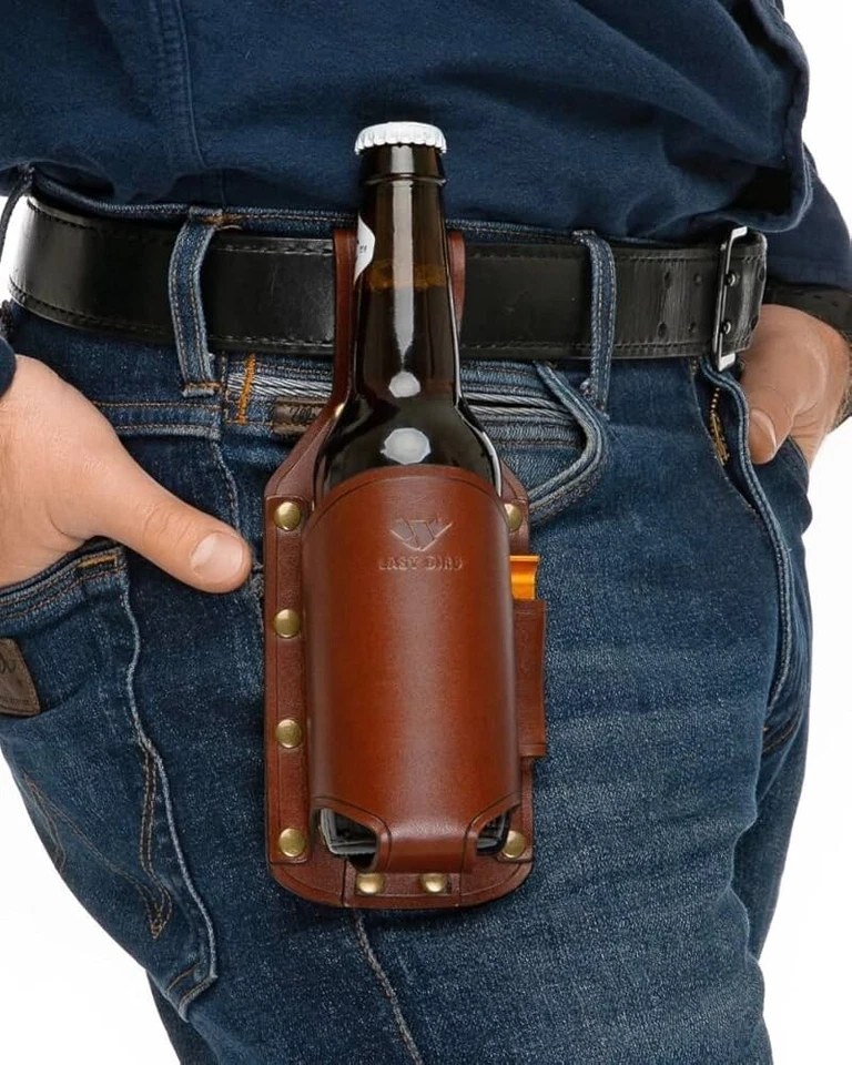 Nuevo soporte para lata de cerveza de cuero marrón Easy Bird de 8,5" - Viene con abrebotellas Foto 1 de 4
