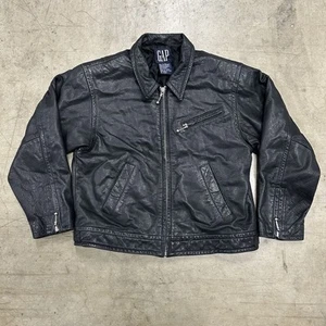 Vintage 90s Gap Kids Black Leather Jacket Size L Genuine Leather Made In Korea - Picture 1 of 8