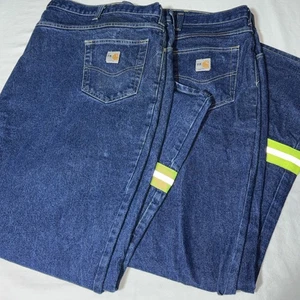 Lot of 2 Carhartt Flame Resistant Jeans Men's 54X32 Blue High Visibility Stripes - Picture 1 of 15