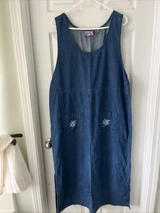 Vintage blau Jeanskleid Pullover Übergröße 2x bestickt Blumen Lehrer Taschen - Bild 1 von 5