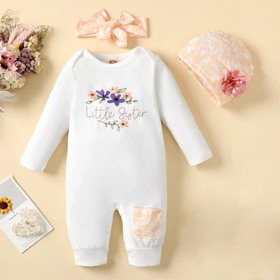 Newborn Baby Girl Floral Bodysuit Jumpsuit Romper Headband Outfit Clothes Set - Image 1 of 4