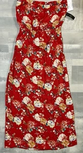 NWT O'Neill Kai Red Strapless Floral Midi Dress Side Slit Stretch Size Medium - Picture 1 of 13