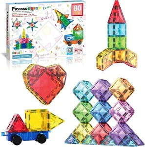 PicassoTiles 80 Pieces Magnetic Building Tiles Magnet Toys Diamond Educational - Picture 1 of 9