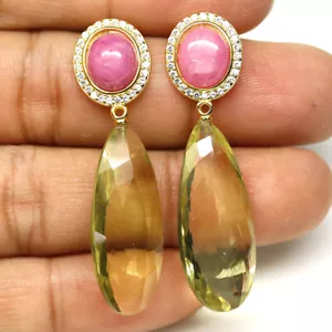 925 Sterling Silver 12 x 30 mm. Lemon Quartz, Ruby & Zircon Earrings - Picture 1 of 4