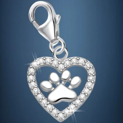 Herz Pfote Charm 925 Sterling-Silber Herren Damen Pfötchen Anhänger für Armband - Bild 1 von 3