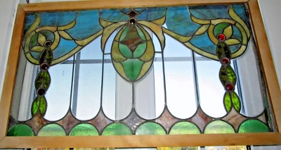 Antique large heavy  hanging stained Victorian Lead Glass window / wooden frame - Image 1 of 4