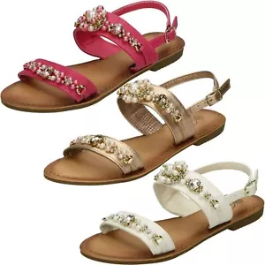 Girls H0R273 Pearl Jewel Trim Open Toe Flat Summer Sandals Size Spot On - Picture 1 of 11