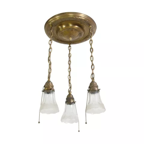 1940s Traditional Brass Pan 3 Glass Shades Pendant Light Cover