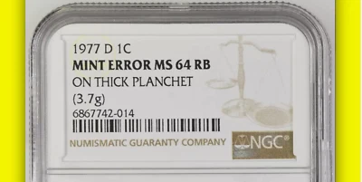 1977-D NGC MS64RB Thick Planchet Error, Pattern, or Foreign - RARE Lincoln Cent - Image 1 of 4