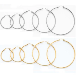 14K Solid Yellow White Gold Hoop Plain Earrings Aretes Arracadas de Oro 2mm - Picture 1 of 21