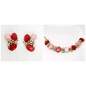 Vintage BSK Moonglow Thermoset & AB Rhinestone Floral Link Bracelet Earring Set - Picture 1 of 12