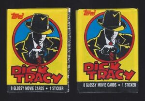 (2) 1990 TOPPS DICK TRACY trading card wax packs - 8 glossy movie cards + stickr