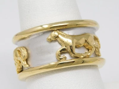 Wide 14 kt Yellow & White Gold ∼12.1 mm Horse Motif Band Ring Size 9 1/2 B6818 - Image 1 of 4