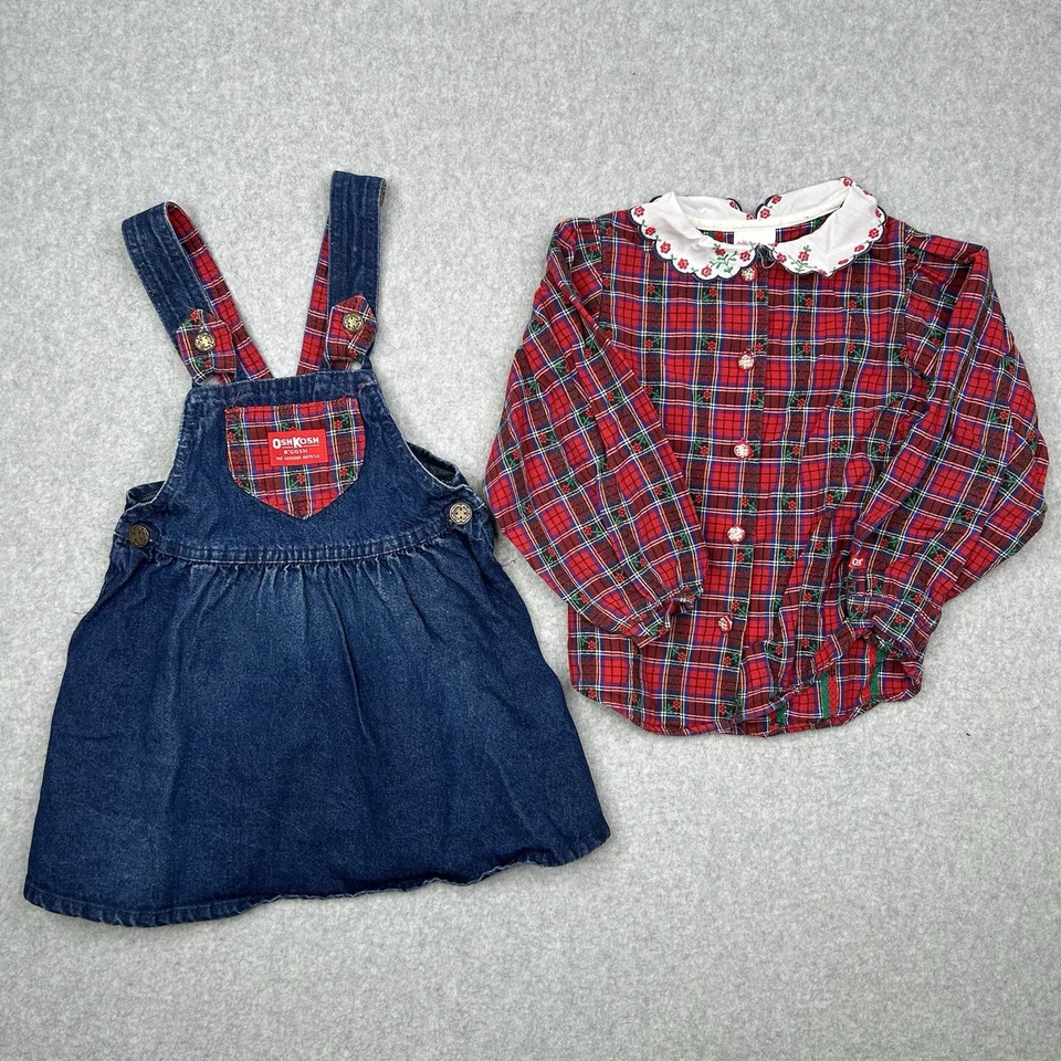 复古 OSHKOSH 女孩尺寸 4T 蓝色牛仔格子法兰绒整体连衣裙和衬衫套装 — 第 1/4 张图片
