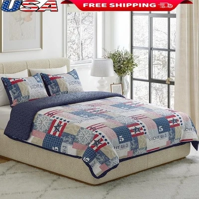 Juego de edredón de 3 piezas Nautical Americana ropa de cama de microfibra king acogedor suave nuevo Foto 1 de 4