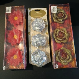 Schwimmkerzen in Blumenform Set, 3 weinrot & gold, 3 silberne & 3 rote Weihnachtsstern - Bild 1 von 5