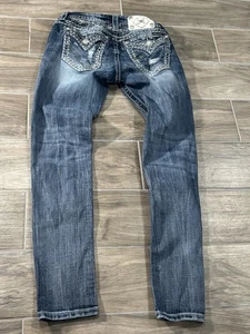 Pantalones de mezclilla Miss Me para mujer talla 27 SIGNATURE Distress solapa bolsillo estrás entrepierna 29 - Imagen 1 de 8