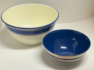 Vintage 2 Pc Bowl Set Large & Medium White with Blue Stripes - Picture 1 of 5