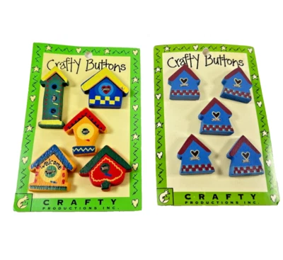 Birdhouse Buttons Set of 10 Wood New on Cards Sewing Crafty Productions - Image 1 of 4
