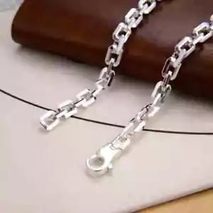 Real Solid 925 Sterling Silver Necklace Rectangle Chain Buckle-Buckle 23.7" - Picture 1 of 7