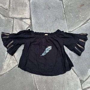 Womens Blouse Medium Black Boho Top Off Shoulder Bell Sleeve Short Feather Art - Picture 1 of 8
