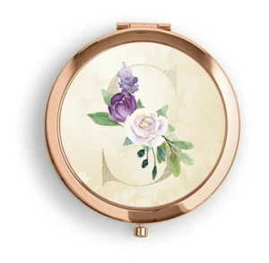 Specchio tascabile compatto oro rosa personalizzato oro viola floreale iniziale regalo - Foto 1 di 3