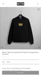 Disney | Kith for Donald Duck Triplets Vintage Nelson Crewneck -Black Size XXL - Picture 1 of 6