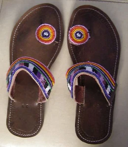 African Style Brown leather with a beaded design Size 40 Ladies Sandals - Picture 1 of 1