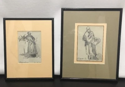 Par de dibujos de GERGELY PORGE húngaro 1917 estudio de mujeres enmarañados y enmarcados  Foto 1 de 4